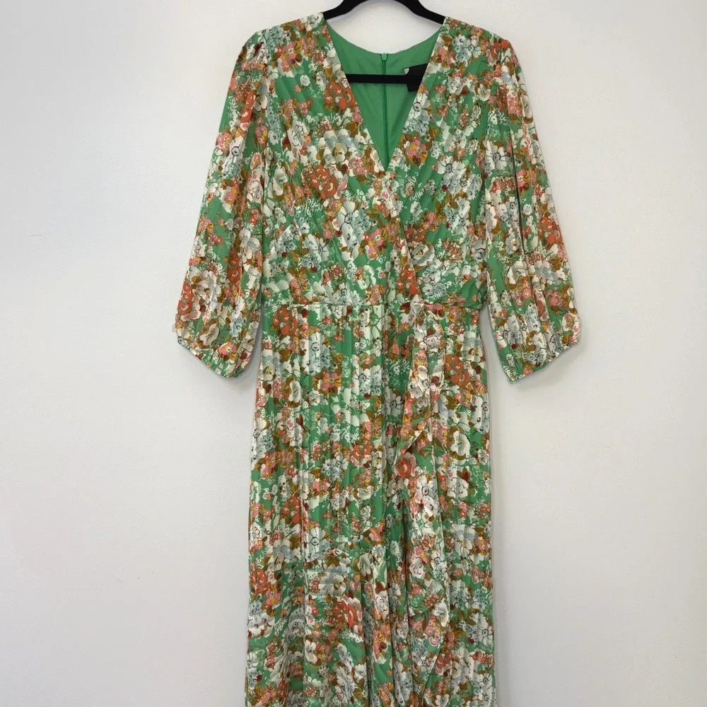 Maison Tara Green Floral Pleated Maxi Dress‎ V-Neck 3/4 Puff Sleeve Belted